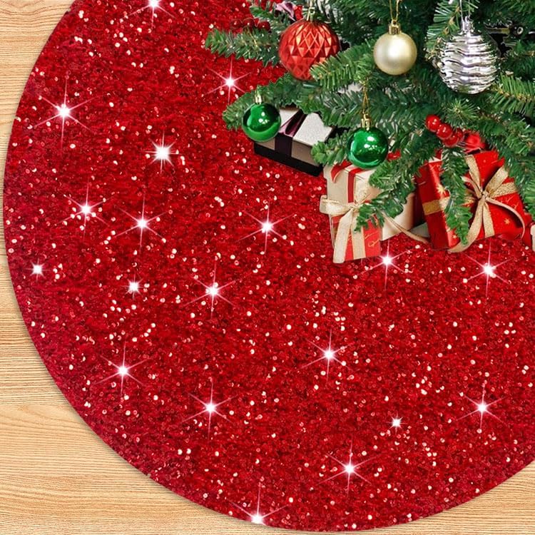 PATYDEST Red Merry Christmas Tree Skirt 36 Inches Round Velvet Xmas Trees Skirts Embroidered Sequin Tree Skirts Shimmer Christmas Trees Floor Mat Glitter Xmas Skirt Tree Ornaments for Winter Holiday - Image 1